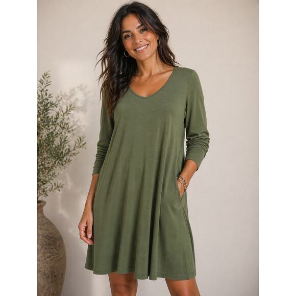 Dearcase Dresses & Skirts - Dearcase Olive Green V Neck Jersey Knit T-shirt Long Sleeve Swing Dress NWT XL